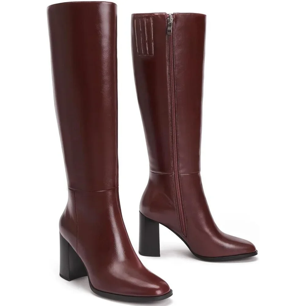 Women's Burgundy Knee High Boots Round Toe Side Zip Chunky Heel Rubber